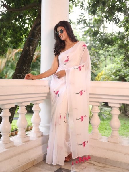 Tailored Wihte Soft Chanderi Cotton Saree with Embroidery Work for Party Printed Cotton Sarees Wholesale