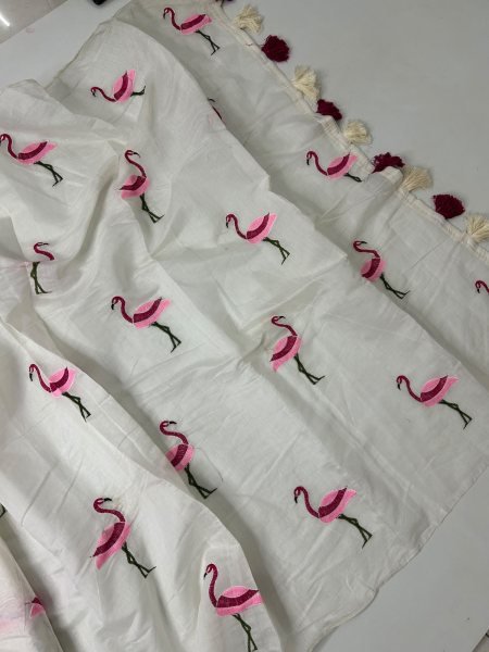 Tailored Wihte Soft Chanderi Cotton Saree with Embroidery Work for Party Printed Cotton Sarees Wholesale