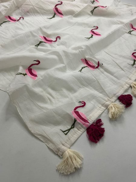 Tailored Wihte Soft Chanderi Cotton Saree with Embroidery Work for Party Printed Cotton Sarees Wholesale