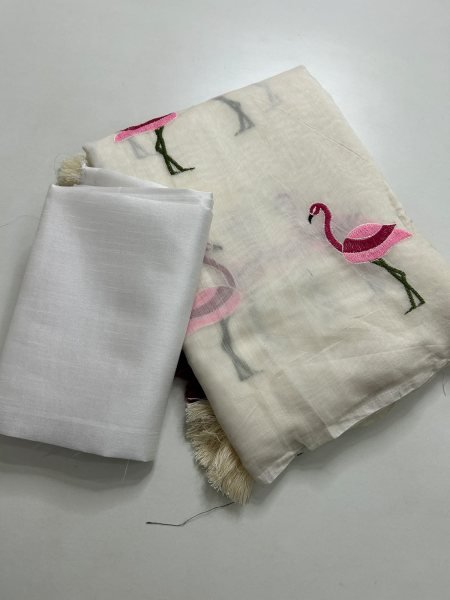 Tailored Wihte Soft Chanderi Cotton Saree with Embroidery Work for Party Printed Cotton Sarees Wholesale