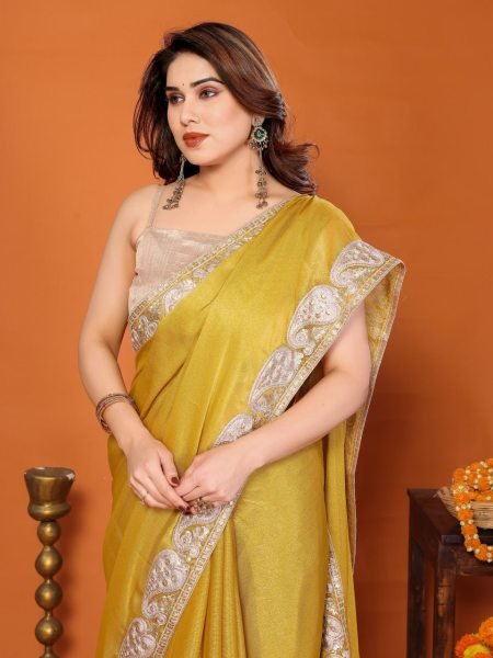 Tailored Yellow Comfortable Chiffon Saree with Embroidery for Women  Embroidery Sarees Wholesale