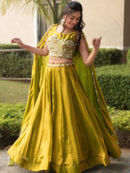 Tailored Yellow Fendy Silk Lehenga Choli with Antique Beads Work and 5 Meter Flare  Lehenga