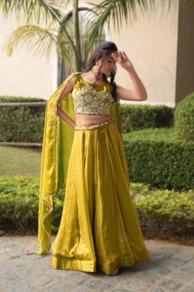 Tailored Yellow Fendy Silk Lehenga Choli with Antique Beads Work and 5 Meter Flare Designer Lehenga Choli