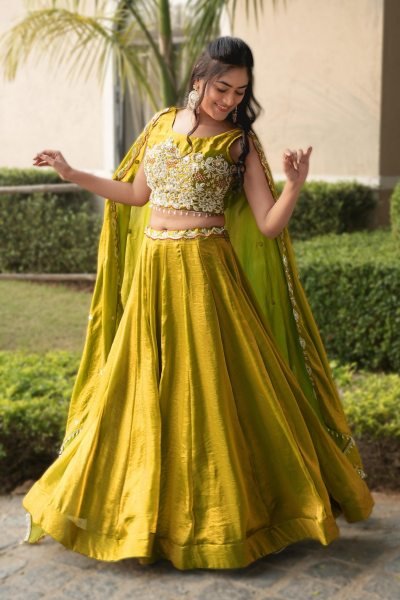 Tailored Yellow Fendy Silk Lehenga Choli with Antique Beads Work and 5 Meter Flare Designer Lehenga Choli
