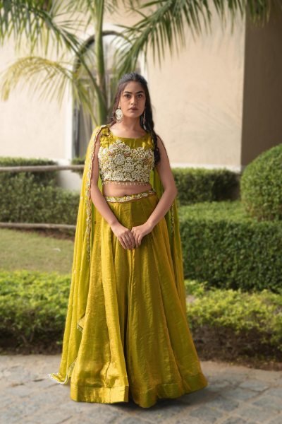 Tailored Yellow Fendy Silk Lehenga Choli with Antique Beads Work and 5 Meter Flare Designer Lehenga Choli