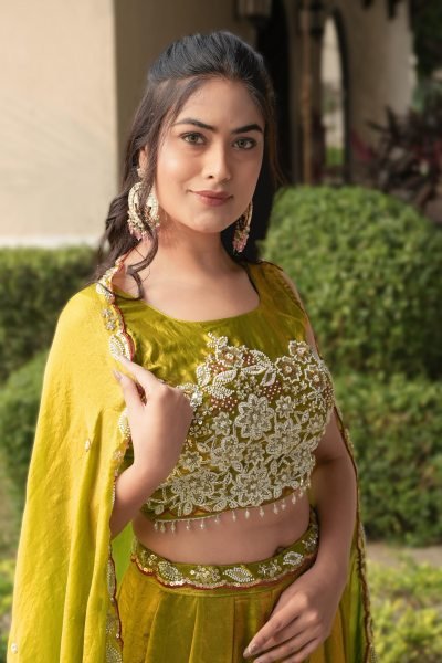 Tailored Yellow Fendy Silk Lehenga Choli with Antique Beads Work and 5 Meter Flare Designer Lehenga Choli