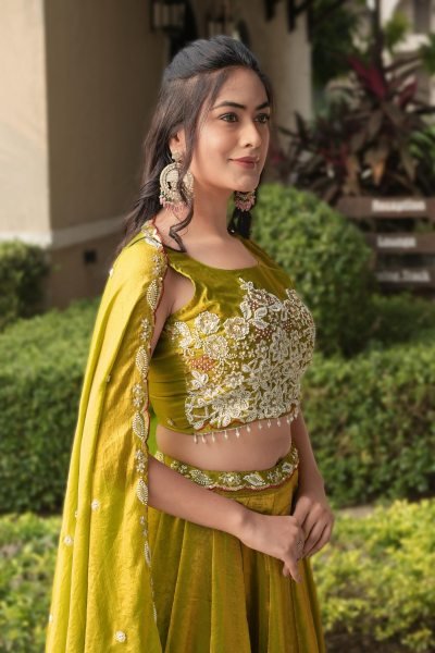 Tailored Yellow Fendy Silk Lehenga Choli with Antique Beads Work and 5 Meter Flare Designer Lehenga Choli