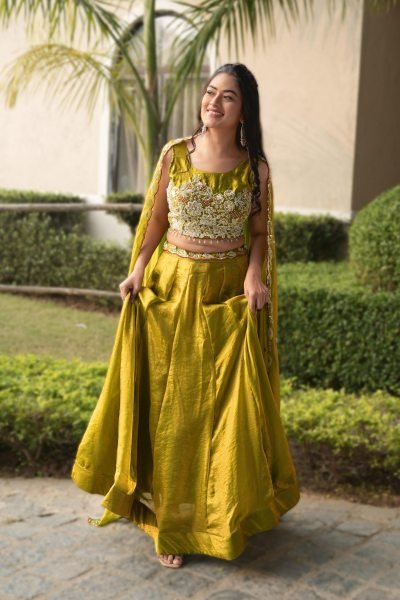 Tailored Yellow Fendy Silk Lehenga Choli with Antique Beads Work and 5 Meter Flare Designer Lehenga Choli