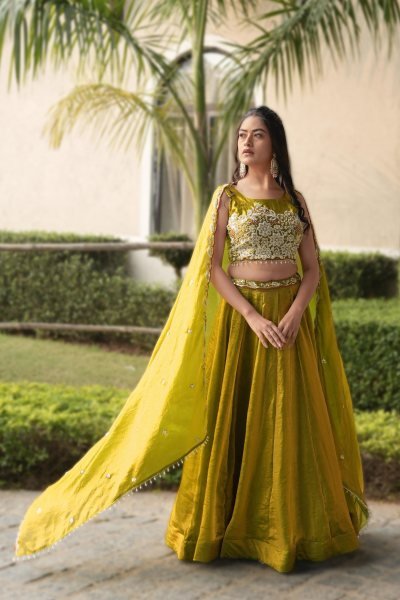 Tailored Yellow Fendy Silk Lehenga Choli with Antique Beads Work and 5 Meter Flare Designer Lehenga Choli