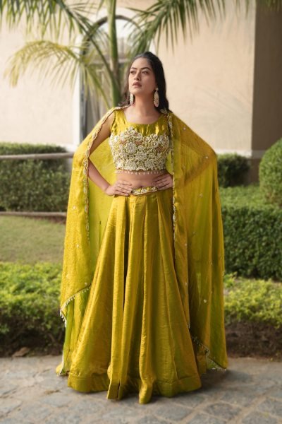 Tailored Yellow Fendy Silk Lehenga Choli with Antique Beads Work and 5 Meter Flare Designer Lehenga Choli