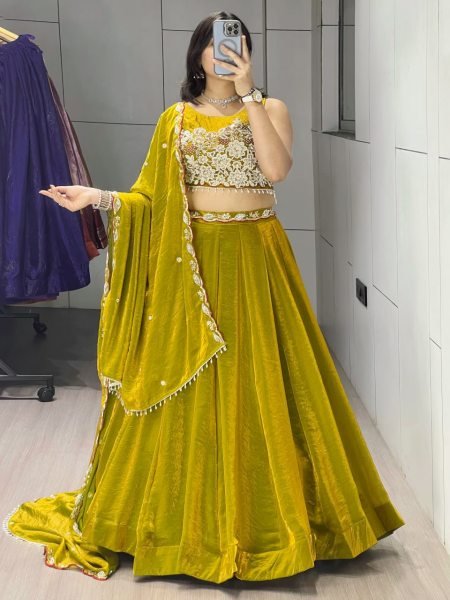 Tailored Yellow Fendy Silk Lehenga Choli with Antique Beads Work and 5 Meter Flare Designer Lehenga Choli