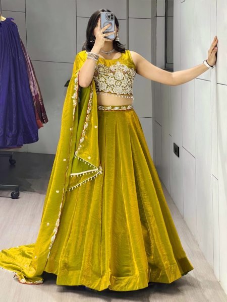 Tailored Yellow Fendy Silk Lehenga Choli with Antique Beads Work and 5 Meter Flare Designer Lehenga Choli
