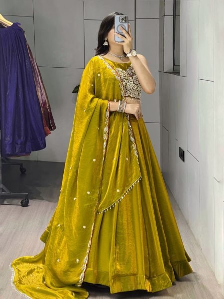 Tailored Yellow Fendy Silk Lehenga Choli with Antique Beads Work and 5 Meter Flare Designer Lehenga Choli