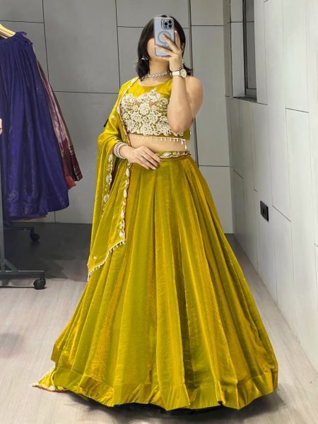 Tailored Yellow Fendy Silk Lehenga Choli with Antique Beads Work and 5 Meter Flare Designer Lehenga Choli