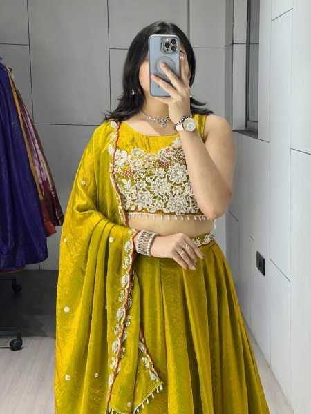 Tailored Yellow Fendy Silk Lehenga Choli with Antique Beads Work and 5 Meter Flare Designer Lehenga Choli