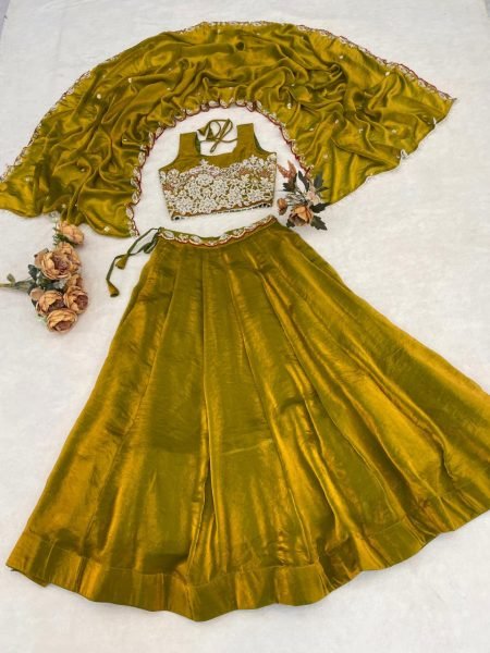 Tailored Yellow Fendy Silk Lehenga Choli with Antique Beads Work and 5 Meter Flare Designer Lehenga Choli