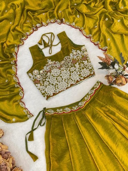 Tailored Yellow Fendy Silk Lehenga Choli with Antique Beads Work and 5 Meter Flare Designer Lehenga Choli