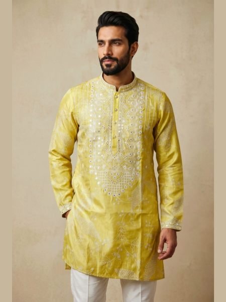 Tailored Yellow Men   s Shimmer Silk Kurta Pyjama with Embroidery Sequin Work For Festival 