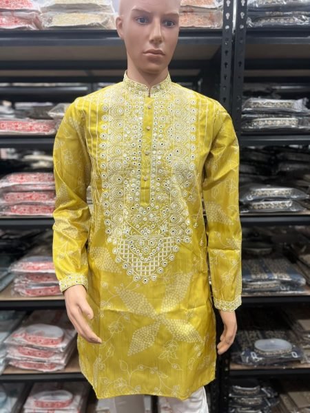 Tailored Yellow Men   s Shimmer Silk Kurta Pyjama with Embroidery Sequin Work For Festival Kurta Pajama Wholesale