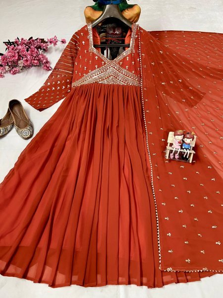 Tangerine Glow Georgette Anarkali Gown with Zari and Sequins Perfect for Party Look at Manufacturer Price Anarkali Kurtis 