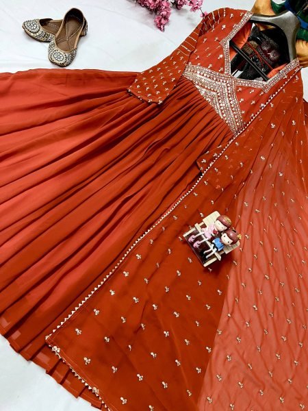Tangerine Glow Georgette Anarkali Gown with Zari and Sequins Perfect for Party Look at Manufacturer Price Anarkali Kurtis 