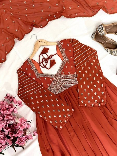 Tangerine Glow Georgette Anarkali Gown with Zari and Sequins Perfect for Party Look at Manufacturer Price Anarkali Kurtis 