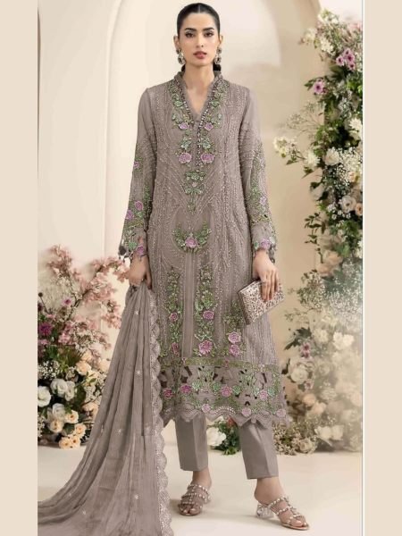 Taupe Brown Designer Chiffon Embroidered Suit Set with Heavy Crepe Silk Bottom 