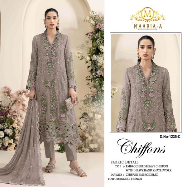 Taupe Brown Designer Chiffon Embroidered Suit Set with Heavy Crepe Silk Bottom Pakistani Suits Wholesale