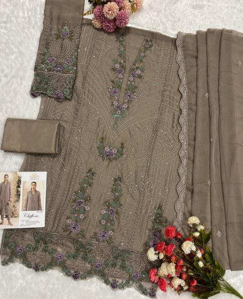 Taupe Brown Designer Chiffon Embroidered Suit Set with Heavy Crepe Silk Bottom Pakistani Suits Wholesale