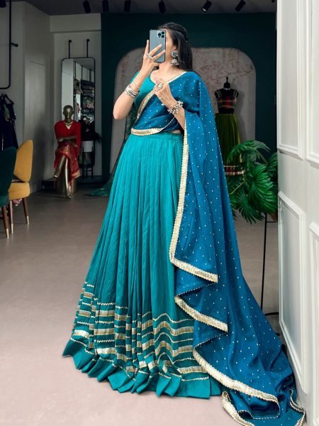 Teal Blue Chanderi Lehenga Choli with Mirror  Work and Zari Butti Dupatta for Navratri  Lehenga
