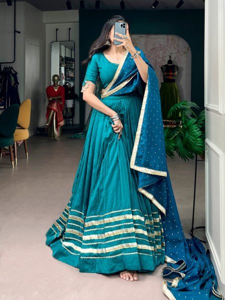 Teal Blue Chanderi Lehenga Choli with Mirror  Work and Zari Butti Dupatta for Navratri Navratri Lehnega Choli