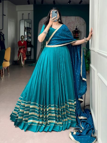 Teal Blue Chanderi Lehenga Choli with Mirror  Work and Zari Butti Dupatta for Navratri Navratri Lehnega Choli