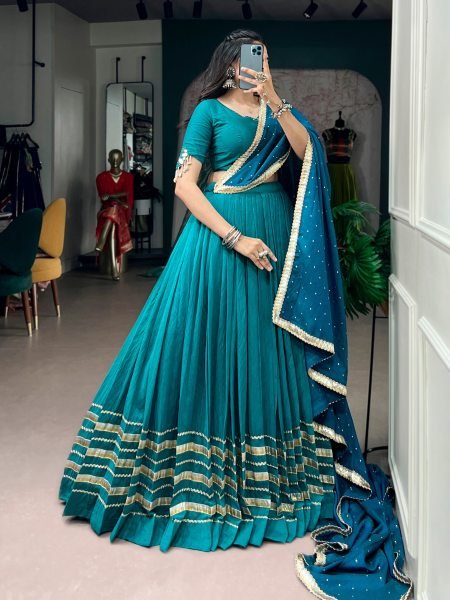 Teal Blue Chanderi Lehenga Choli with Mirror  Work and Zari Butti Dupatta for Navratri Navratri Lehnega Choli