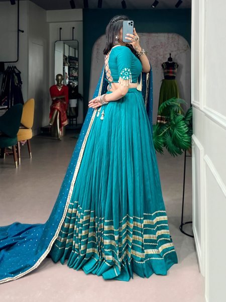 Teal Blue Chanderi Lehenga Choli with Mirror  Work and Zari Butti Dupatta for Navratri Navratri Lehnega Choli