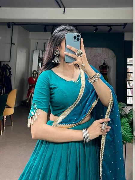 Teal Blue Chanderi Lehenga Choli with Mirror  Work and Zari Butti Dupatta for Navratri Navratri Lehnega Choli