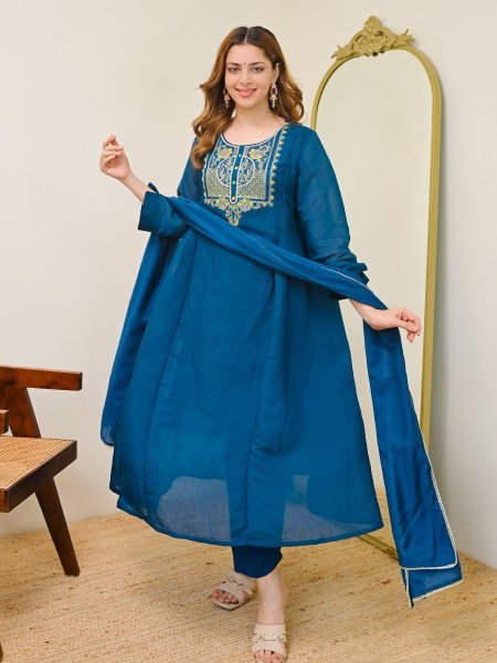 Teal Blue Chanderi Silk Embroidered A Line Kurta Set with Dupatta Kurtis