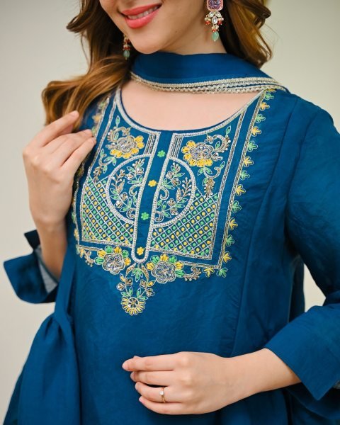 Teal Blue Chanderi Silk Embroidered A Line Kurta Set with Dupatta Anarkali Kurtis 