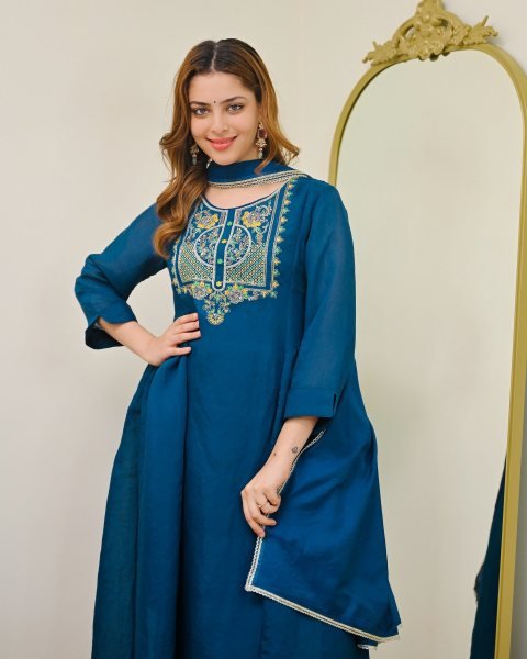 Teal Blue Chanderi Silk Embroidered A Line Kurta Set with Dupatta Anarkali Kurtis 