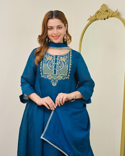 Teal Blue Chanderi Silk Embroidered A Line Kurta Set with Dupatta Anarkali Kurtis 