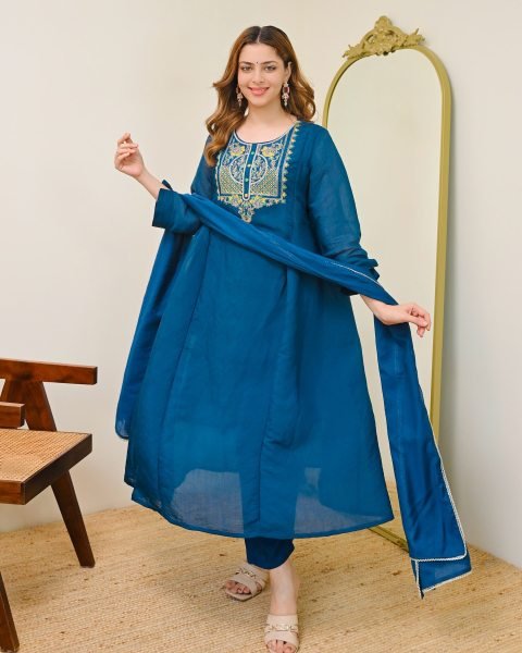 Teal Blue Chanderi Silk Embroidered A Line Kurta Set with Dupatta Anarkali Kurtis 