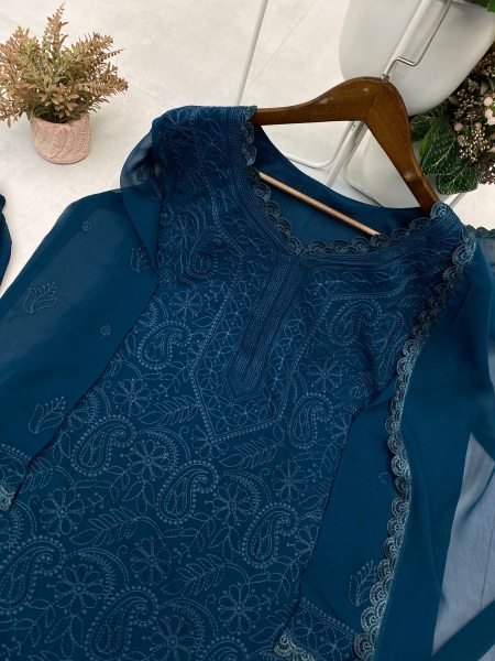 Teal Blue Chikankari Cotton Kurti Set Elegant Embroidery with Graceful Dupatta Lucknowi Chikankari Kurtis Wholesale