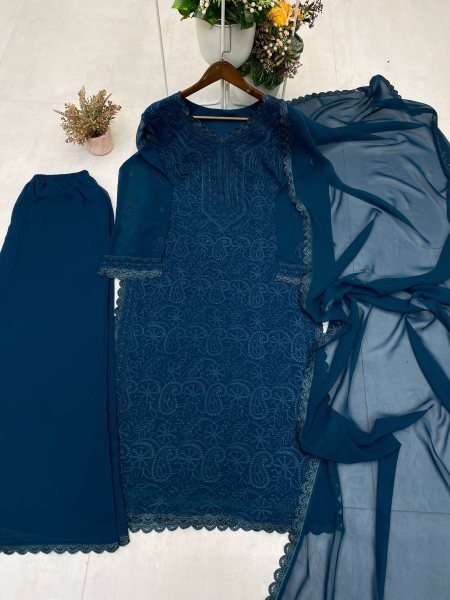 Teal Blue Chikankari Cotton Kurti Set Elegant Embroidery with Graceful Dupatta Lucknowi Chikankari Kurtis Wholesale
