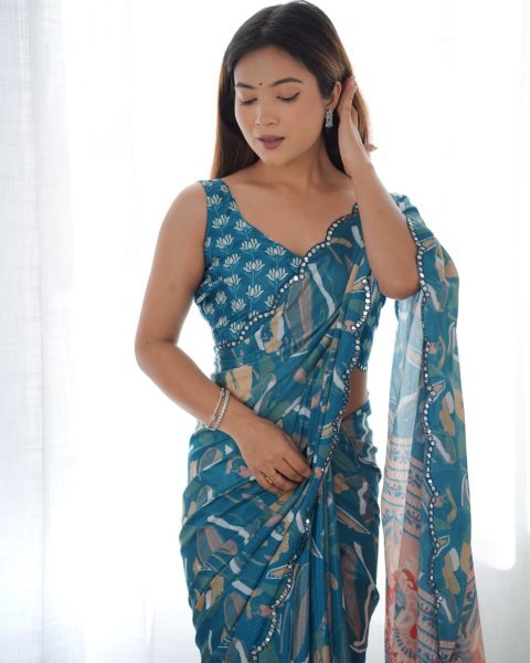 Teal Blue Chinon Mirror Work Saree Best Online Offer for Trusted Surat Supplier Designer Wedding Sarees Wholesale