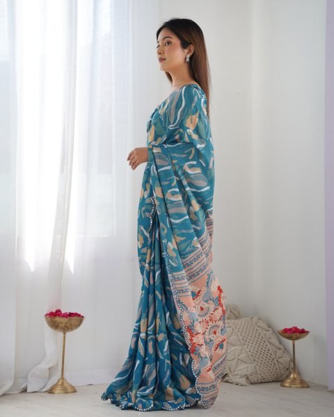 Teal Blue Chinon Mirror Work Saree Best Online Offer for Trusted Surat Supplier Designer Wedding Sarees Wholesale