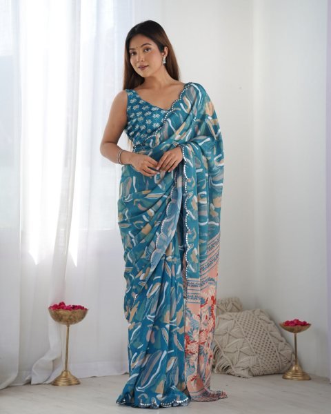 Teal Blue Chinon Mirror Work Saree Best Online Offer for Trusted Surat Supplier Designer Wedding Sarees Wholesale