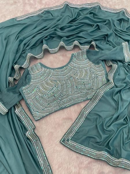 Teal Blue Chocolate Silk Saree with Fully Stitched Beads Embroidered Blouse 