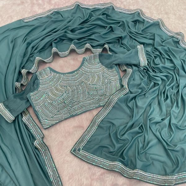 Teal Blue Chocolate Silk Saree with Fully Stitched Beads Embroidered Blouse Embroidery Sarees Wholesale