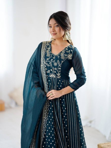 Teal Blue Crunchy Silk Designer Anarkali Suit with Embroidery Work Ready to Wear Festive Ensemble Ready To Wear Suit