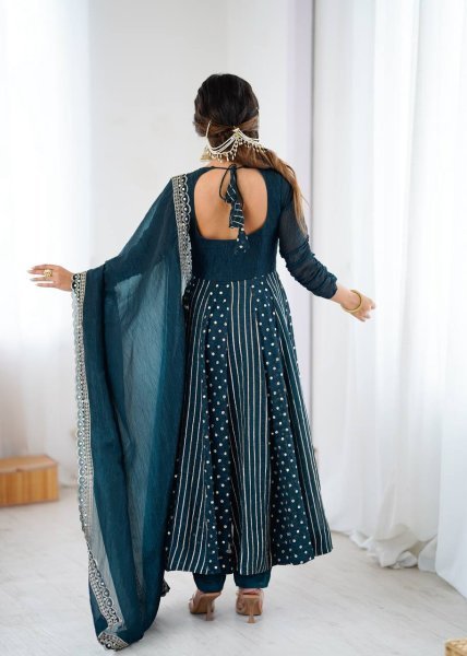Teal Blue Crunchy Silk Designer Anarkali Suit with Embroidery Work Ready to Wear Festive Ensemble Ready To Wear Collection