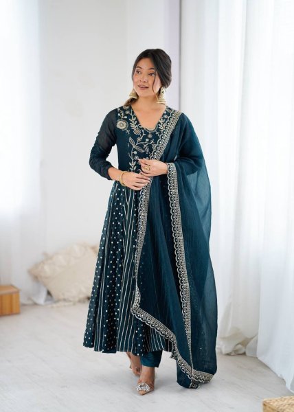 Teal Blue Crunchy Silk Designer Anarkali Suit with Embroidery Work Ready to Wear Festive Ensemble Ready To Wear Collection